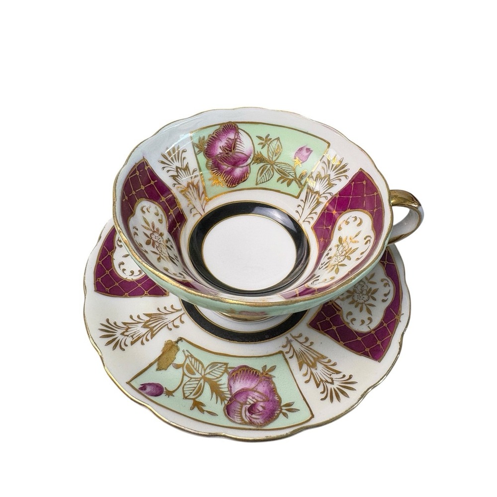 Vintage Japan‎ Teacup Saucer Pink Rose Gold Gilt Mint Green Floral China